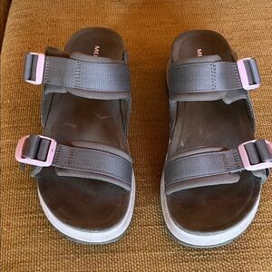 Merrell Green Sandals with Pink Buckles